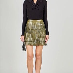Faux Leather Olive Green Fringe Mini Skirt NWT